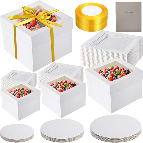 Teenyyou 48 Pcs Cake Boxes with Boards 24 Baking Boxes with Window 24 Cake Boards 2 Rolls Silk Ribbon Large Square Baking Storage in 3 Sizes 12x12x8, 10x10x8, 8x8x8 Inch Disposable Dessert Containers