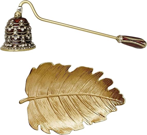 Candle Snuffer and Small Leaf Shaped Trinket Dish - A Unique Extinguisher Tool and Gold Jewelry Organizer Set for Stylish Home Decor Enthusiasts and Candles Lovers Alike