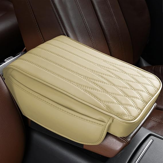 wuyaoyao Car Center Console Cover, Leather Car Armrest Box Cover, 12.40"8.46"1.97" Arm Rest Pad with Pockets, Soft Auto Armrest Storage Box Protector, Universal Interior Car Accessories (Beige)