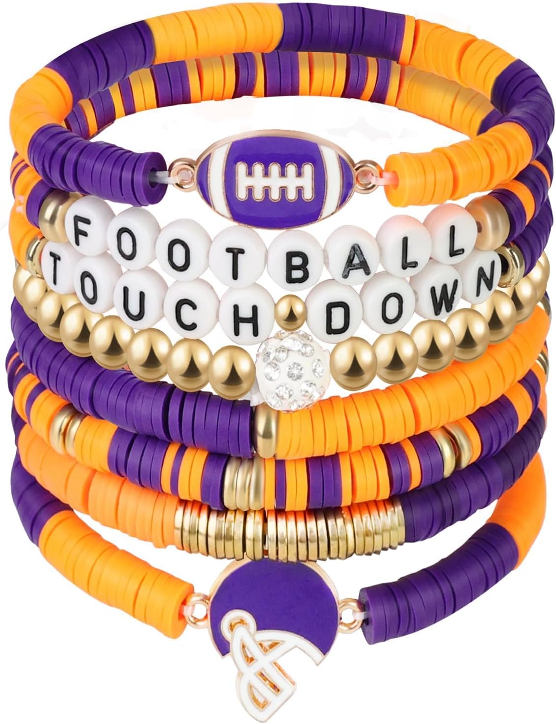 Game Day Football Flag Bracelets, Stretch FootballTeam Clay Beaded Jewelry Bracelets, Sports Fans Friendship Football Mom Women Men Accessories Gifts for Christmas