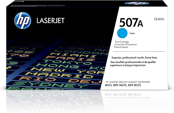 HP 507A Cyan Toner Cartridge | Works LaserJet Enterprise 500 Color M551, MPF M575, MPF M570 Series | CE401A