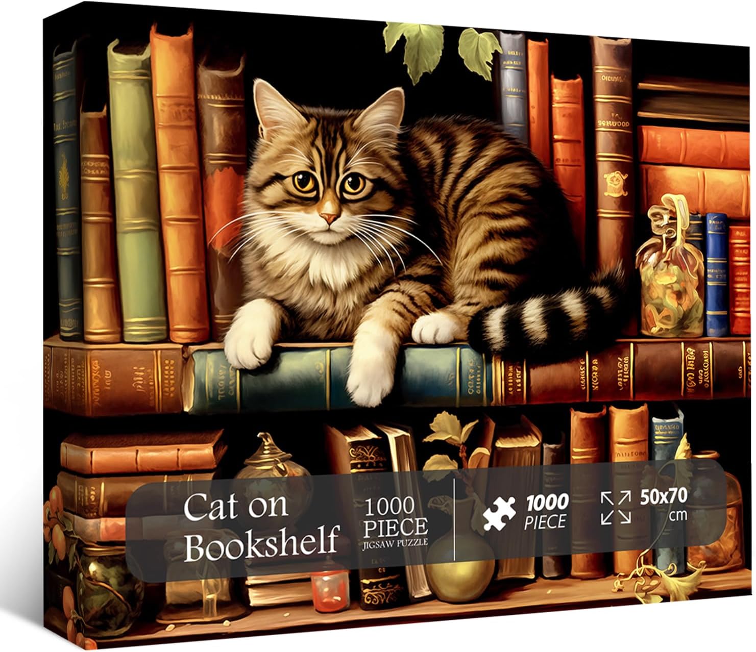 Vintage Cat Puzzles for Adults 1000 Pieces, Funny Kitten Book Jigsaw Puzzles, Retro Cat Bookshelf Animal Puzzle as Kitty Decor