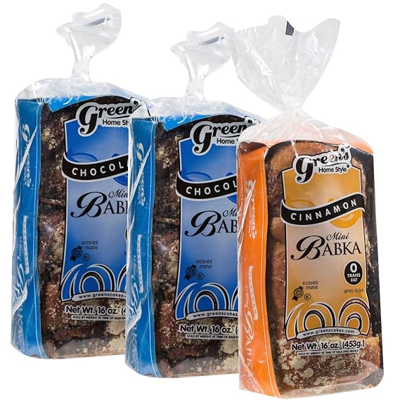Green's Bakery (2) Chocolate and (1) Cinnamon Babka Cakes, 3 Pack 16 oz. Fresh and Delicious, OK Certified Kosher and Pareve Babka Bread, Dairy Free and Nut Free