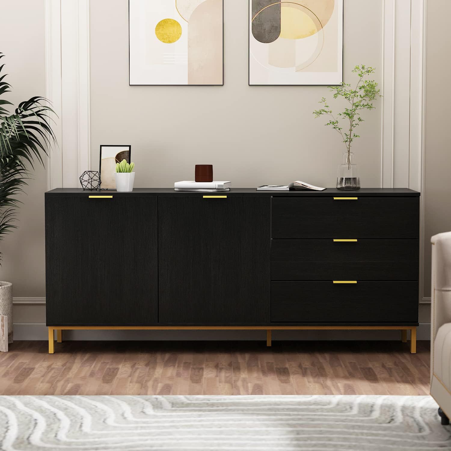 ECACAD Sideboard Buffet Storage Cabinet with Doors & Drawers, Kitchen Cupboard Cabinet with Storage Compartments & Gold Metal Legs, Black 62.9”W x 15.7”D x 27.5”H