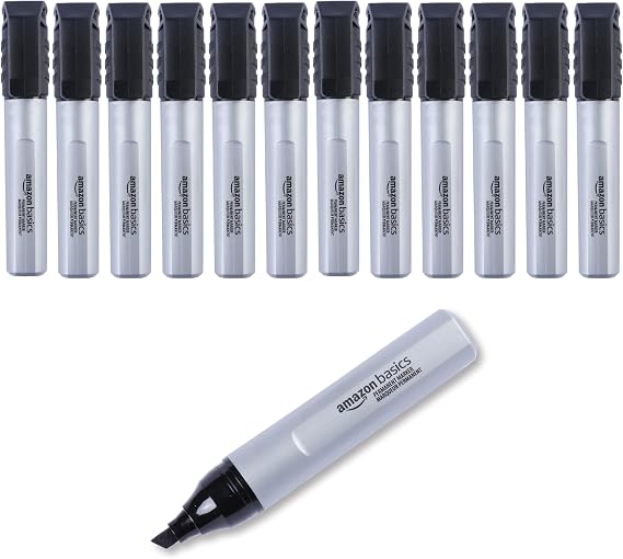 Amazon Basics Large Chisel Tip Permanent Markers, Quick Drying, Fade Resistant, Black, 12-Pack