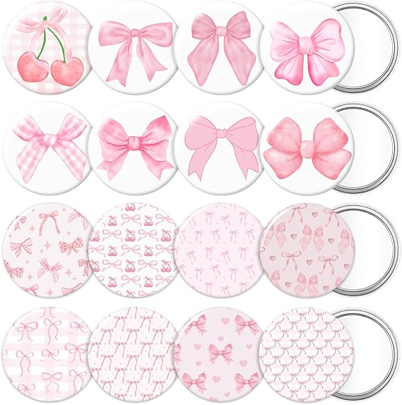 16 Pcs Pink Bow Coquette Aesthetic Compact Mirror Bulk, Coquette Bow Party Favors Pink Bow Portable Travel Makeup Pocket Purse Mini Mirror Gifts for Women Bridal Shower Bachelorette Party