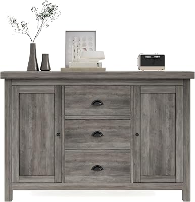 Kitchen Sideboard Cabinet Buffet with Heavy Duty Wooden Structure, 3 Drawers and 2 Doors with Ample Storage Space in Gray