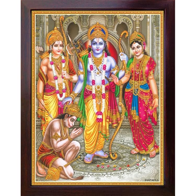 Hanuman Ram Darbar, Lord Sita and Ram Sitting in Palace and Hanuman and ram Brother Worshiping, A Hindu Religious Poster Painting with Frame for Hindu Religious and Gift Purpose.