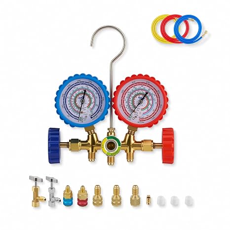 OMT 3-Way AC Gauge Set for R134a R410A R404A R22, 5ft Hoses