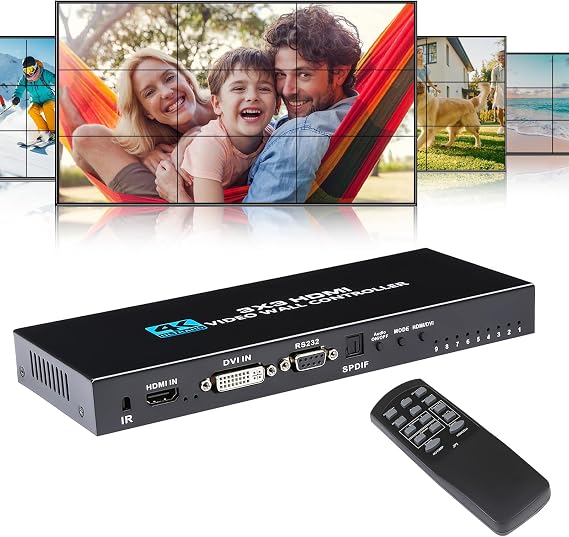 4K Video Wall Controller 3x3 HDMI TV Wall Processor 9 Screens into a Wall Display with 180 Degree Rotate Multiple TV Screens one Picture 13 Splicing Modes 2x1, 2x2, 2x3, 3x1, 3x2, 3x3, 2x4, 4x1, 4x2