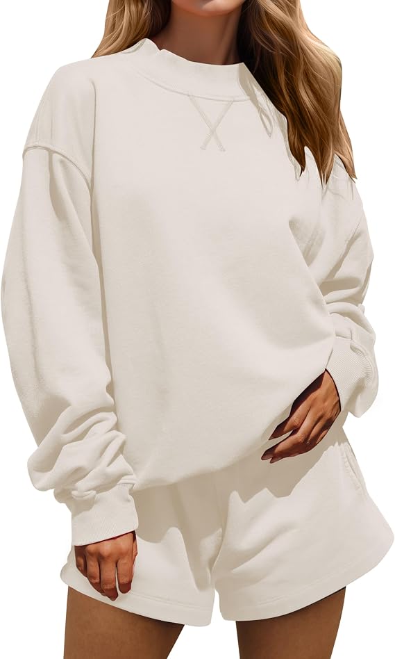 MISSACTIVER Women's 2 Piece Lounge Set Mock Neck Oversized Sweatshirts Sweat Shorts With Pockets Matching Tracksuit Set