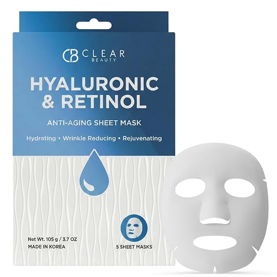 Clear Beauty Sheet Mask with Hyaluronic Acid & Retinol Hydrating & Anti-Aging Formula For Dry, Dull, Wrinkled Skin Dermatologist Tested, Korean Skin Care Vegan Clean Beauty 5 Sheets