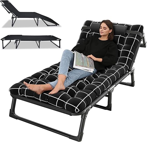 Folding Chaise with Pillow,Camping Cot, Adjustable 4-Position Adults Reclining Folding Chaise with Pillow, Outdoor Lounge Chair Sleeping Cot Bed, Perfect for Office, Pool, Beach, Patio Black
