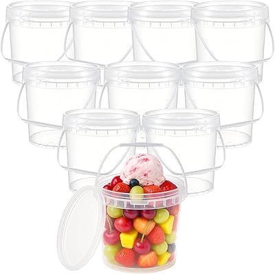 10 Pack 1 Gallon  128 oz  3.8 L Clear Plastic Bucket with Handle and Lids Food Storage Containers Freeze Safe Ice Cream Tubs for Deli Kitchen Drinks Home