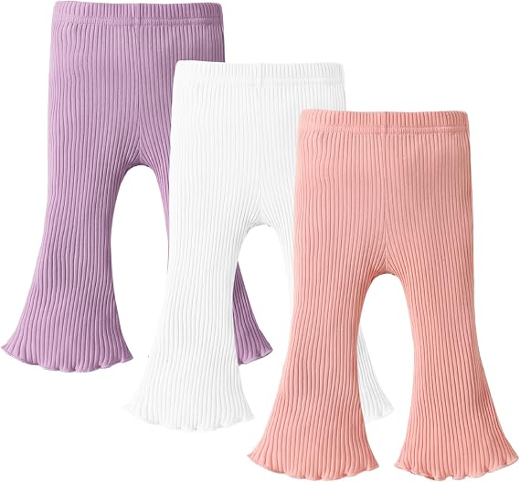 DREAM BUS 3-Pack Baby and Toddler Girls Flared Pants, 0-24 Months