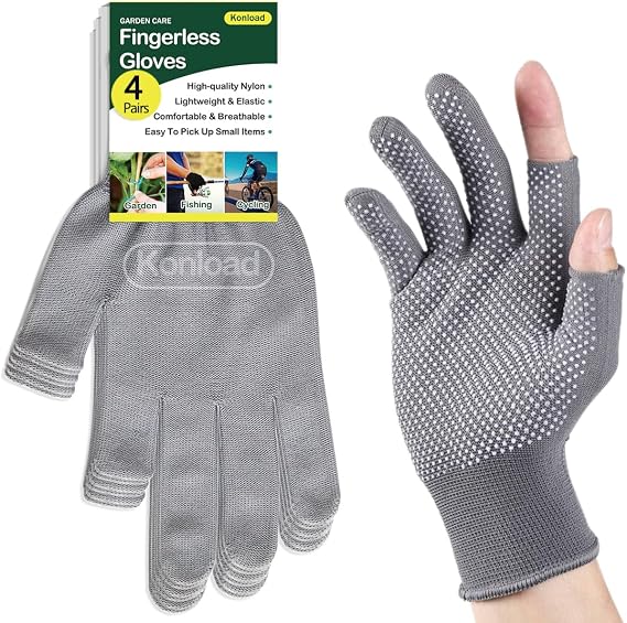 High Dexterity Nylon 13 Gauge Knit Glove with PVC Dots Plam Grip- Lightweight Open Finger Gloves Slip Breathable Fingerless Gloves-4 Pairs