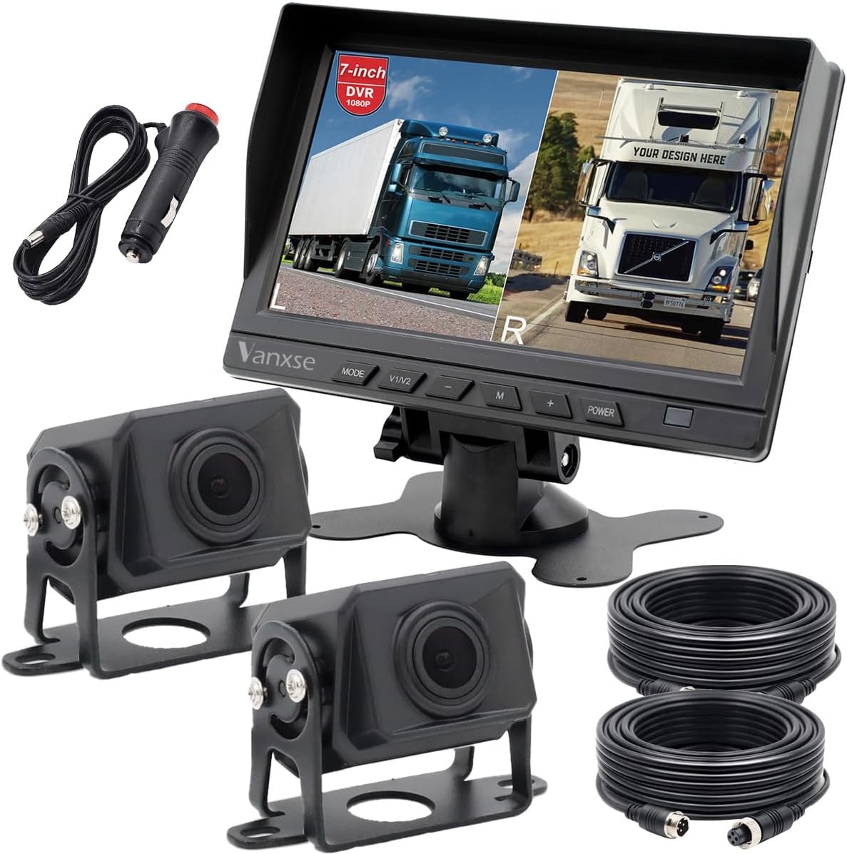 HD Wired RV Backup Camera System Kit,7 inch IPS Dual Split Screen Monitor DVR Recording IP69 Waterproof 1080P Front View Rear View Reverse Cameras Parking Lines for Truck/Semi-Trailer/Box Truck