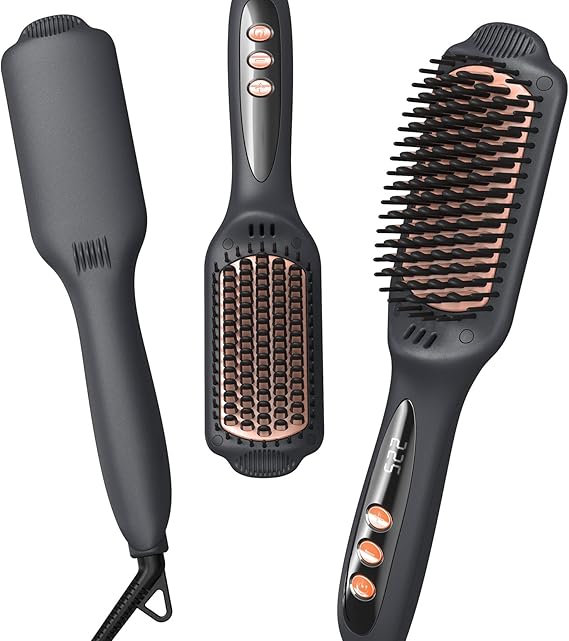 LANDOT Hair Straightener Brush Ceramic Ionic - Frizz-Free & Smooth Results | Straightening Brush with 60min Auto-Off & Anti-Scald, 12 Temp Settings & 30s heating, Dual Voltage Travel, Medium & Long Hair