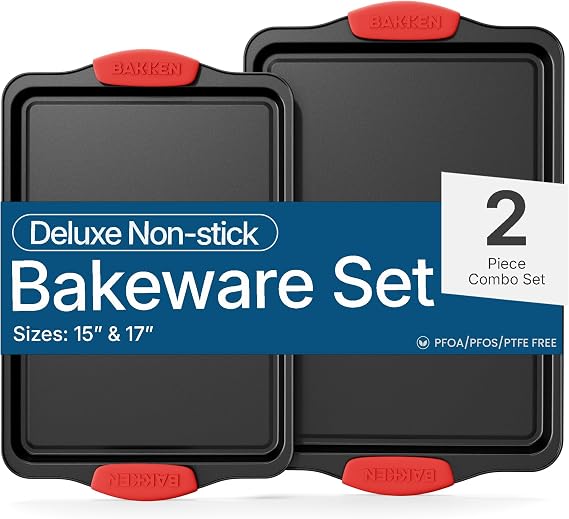 BAKKEN Kitchen Baking Pans - Medium (15.15 10.03") and Large (17.1 x 11.8") Nonstick Sheets, Carbon Steel Cookie Sheets with Red Silicone Handles, PFOA, PFOS, PTFE Free, Oven Safe (450F), Set of 2