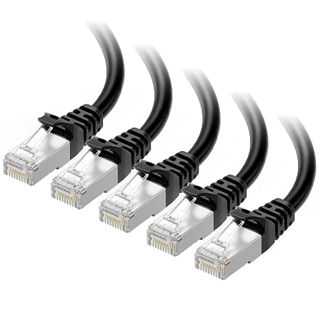 Cable Matters 10Gbps 5-Pack Snagless Shielded Cat 6A Cable, 1ft, Black | S/FTP Shielded, 26 AWG Bare Copper, 550MHz Bandwidth, Gold-Plated RJ45, Cat 6A Cable, Ethernet Cord