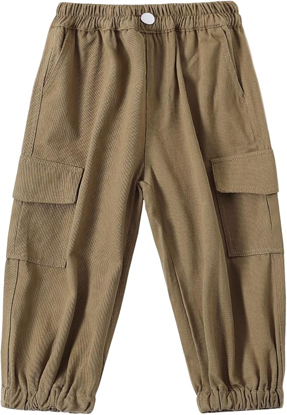 Little Boys Cargo Jogger Pants Toddler Kids Multi Pocket Twill Casual Trousers with Elastic Hem (Age 2-7Years)