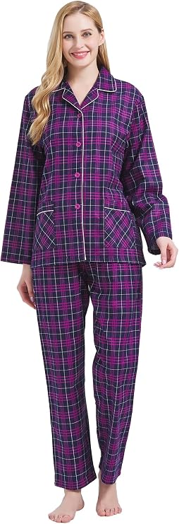 GLOBAL Comfy Pajamas for Women 2-Piece Warm and Cozy Flannel Pj Set of Loungewear Button Front Top Pants
