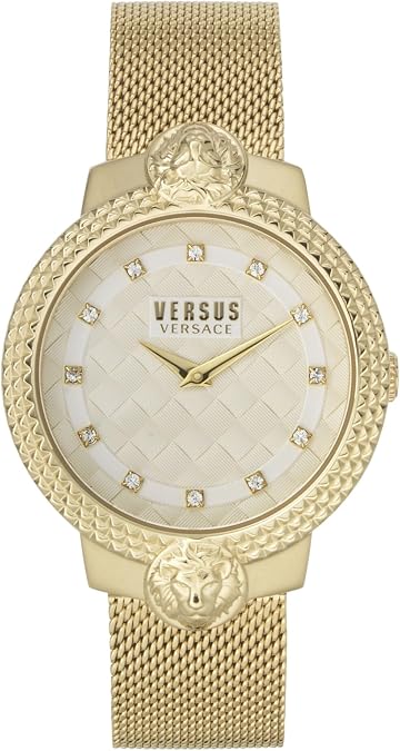 Versus Versace Montorgueil Crystal Index Collection Luxury Womens Watch Timepieces with a Gold Bracelet and Case Featuring a White Dial