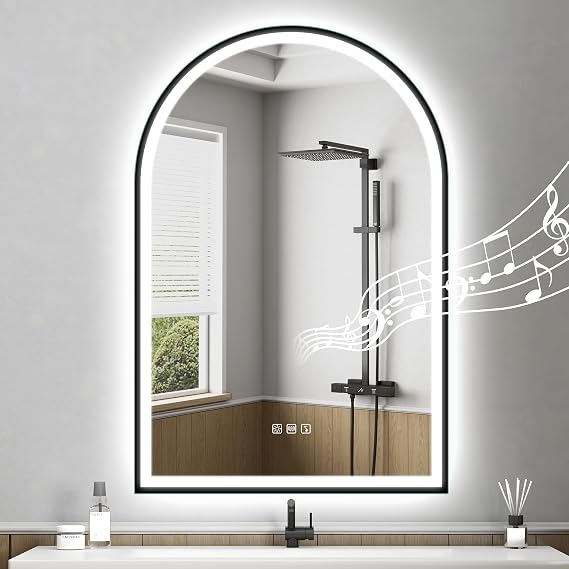 STARLEAD 36"x24" Black Frameless Arched LED Bathroom Mirror with Bluetooth Speaker, Dimmable Lighting, 3 Color Temperature, Anti-Fog, Touch Control Wall Mounted Vanity Mirror