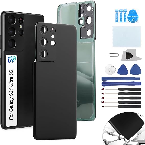 RongZy Back Glass Replacement for Samsung Galaxy S21 Ultra 5G Rear Glass Replacement with Tool Kit (Black)
