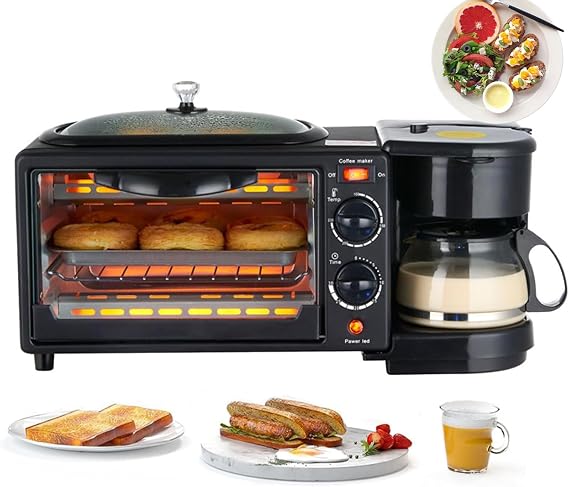 3 in 1 Breakfast Maker Station, 9L Breakfast Machine with 600ML Coffee Maker, Toaster Electric Oven, Non-Stick Frying Pan, Portable Sandwich Maker with 30-Min Timer