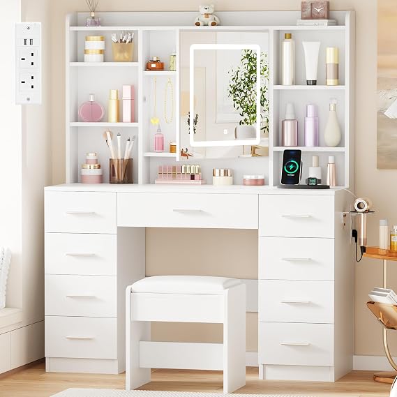 Modern Dressing Table with LED Light and Mirror, Stool, 8 Hooks | White Vanity Desk with Power Outlet, Makeup Vanity Table with 9 Drawers and 6 Open Shelves, Makeup Desk for Bedroom YXFST015W