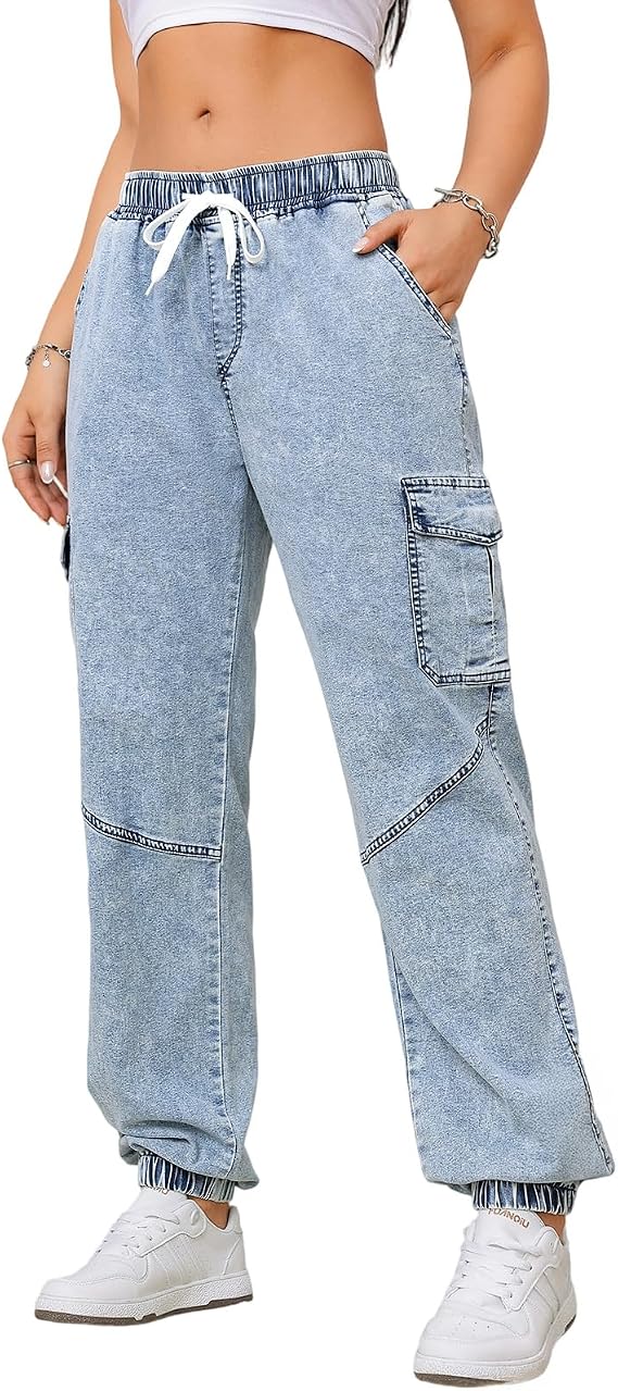Jean Joggers Women Elastic Waist Drawstring