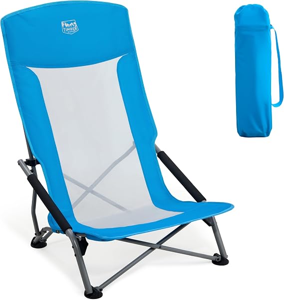 TIMBER RIDGE Low Folding Beach Chair 150kg Mesh High Backrest Blue