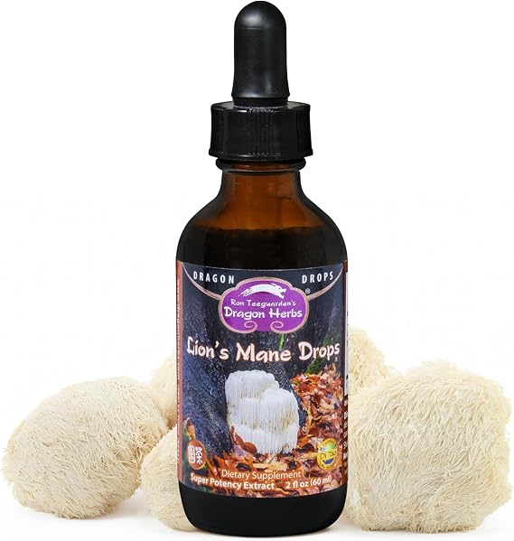 Dragon Herbs Lion's Mane Drops Mushroom Supplement Supports the Brain & Nervous System Adaptogen for Mood Health Triple Extraction, Fast Acting, Super Potency Vegan, 2 fl oz 60ml Tincture