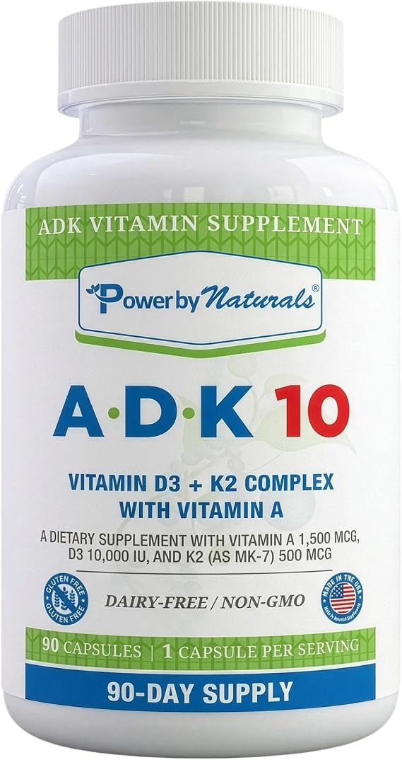 Power By Naturals ADK 10 Vitamin Supplement Vitamins A, D3 & K2 MK-7 for Bone, Heart & Immune Health Gluten-Free, Soy-Free 90 Capsules (3-Month Supply)