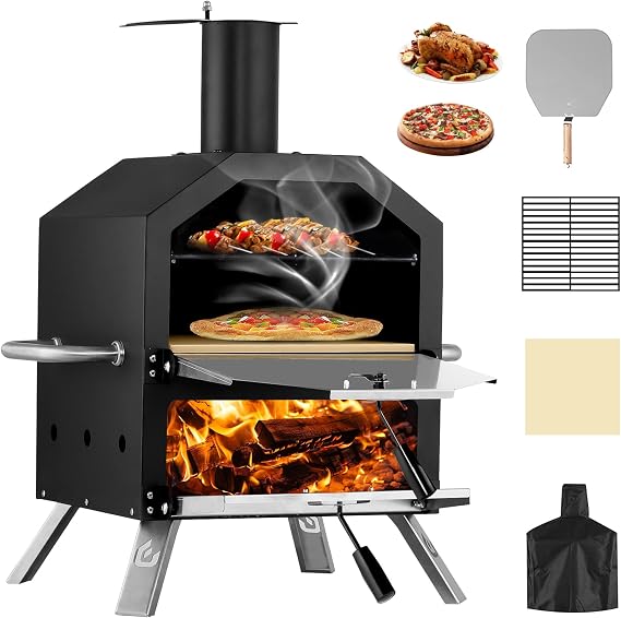 PIZZELLO 26"H Outdoor Wood Fired Pizza Oven, 2-Layer Pizza Maker | Patio Pizza Oven with Pizza Stone, Peel, Rack, Waterproof Cover & Folding Legs for Camping, Garden, BBQ, Black