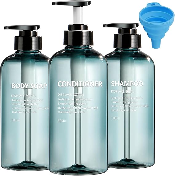 3 Pack Empty Shampoo Bottles with Pump, 500ml Refillable Shampoo Bottle, Body Wash & Shampoo Dispenser,Blue Plastic Bottles for Bathroom Kitchen