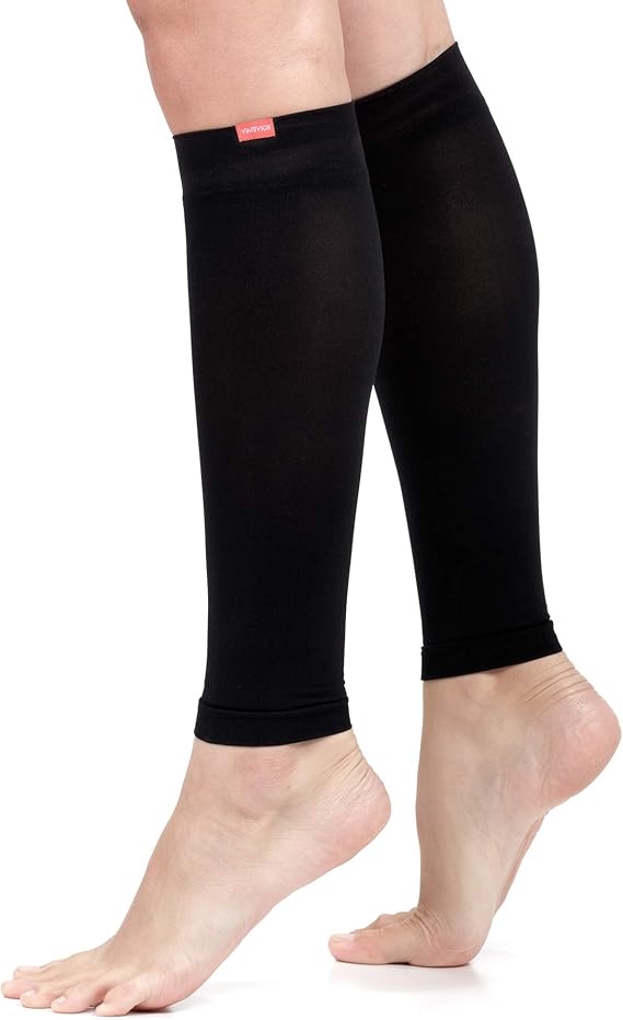 VIM & VIGR Nylon 15-20 mmHg Graduated Compression Leg Sleeves (Black Solid, Unisex S/M)
