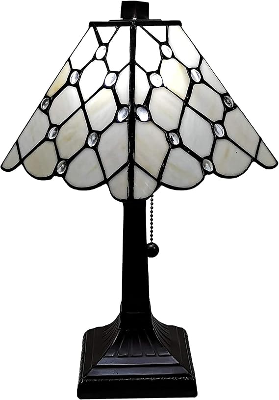 Amora Vintage Tiffany Table Lamp - Geometric White Jeweled Table Night Light - White Glass Nightstand Lamp - 15 Tall Stained Glass Lamp