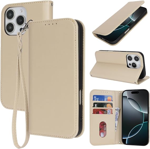 for iPhone 16 Pro 5G Phone Case Wallet with Strap,6.3",Apricot | Wrist Strap,Wallet Case,Card Holder,Cash Pocket,PU Leather,Magnetic,Kickstand