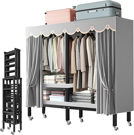 Heavy Duty Rolling Covered Metal Garment Rack with Lockable Wheels and Door, Load 2000lbs, Portable Closets for Hanging Clothes, Large Capacity 360Enclosed Clothing Racks (B, 59.1in/150cm)