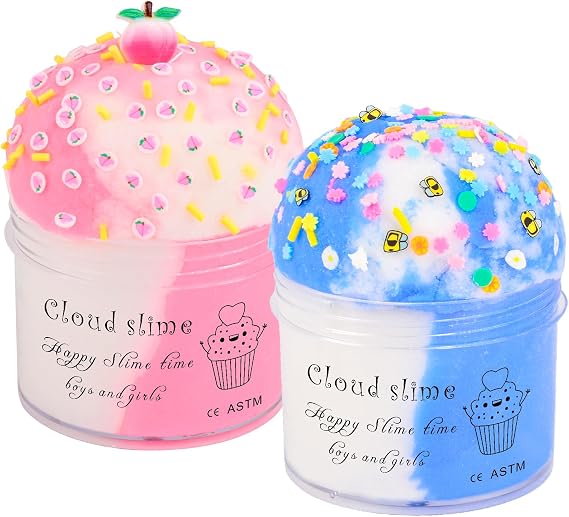 2 Pack Cloud Slime Kit with Blue Cute Charm and Pink Peach Charm, Scented DIY Slime Supplies for Girls and Boys, Stress Relief Toy for Kids Education, Party Favor, Gift and Birthday