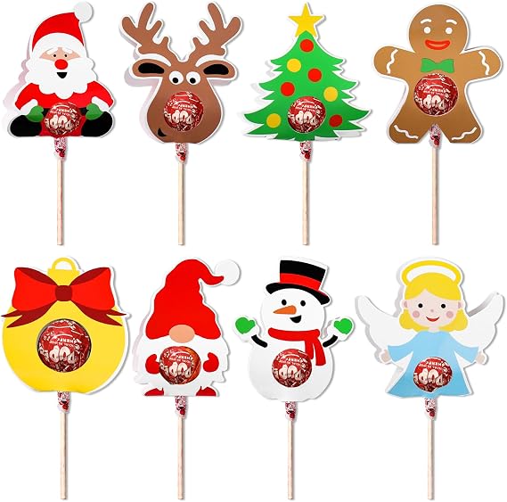 JarThenaAMCS 80Pcs Christmas Lollipop Paper Cards Xmas Cartoon Mixed Candy Holders with Glue Points Sugar-Loaf Candy Wrapping Decorations for Party Favor Supplies