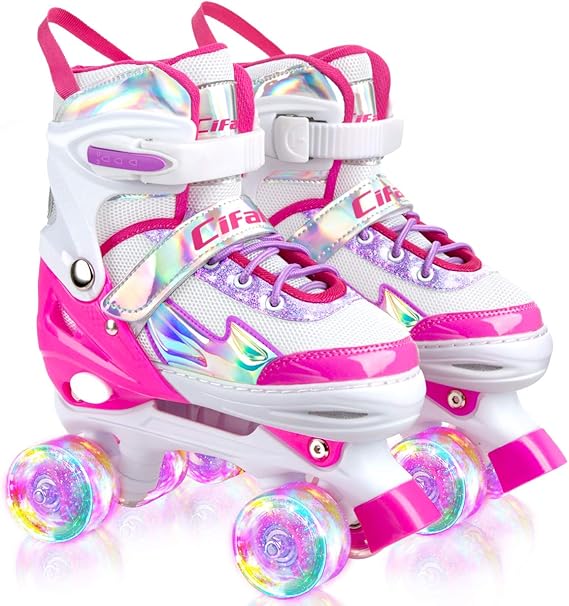 Black Pink Roller Skates for Girls & Boys Kids, Ages 4-13 - 4 Sizes, Light-Up Wheels & Shining Upper Design