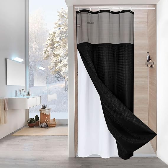 MitoVilla Black Small Stall Shower Curtain 36 x 72, Narrow Half Size Waffle Weave Fabric Shower Curtain Set with Water-Repellent Snap-in Liner for Modern Neutral Hotel Bathroom Decor