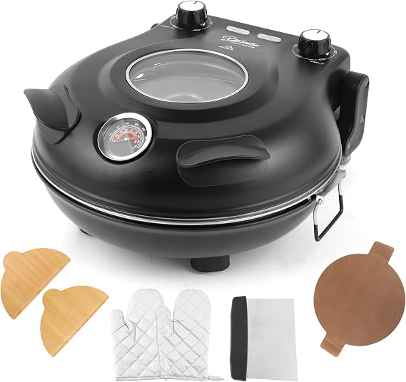 Electric-Pizza-Oven, 12'' Indoor-Electric-Pizza-Maker, 1200W Countertop Pizza Maker Machine with Dual Temp Control, Crispy Crust Pizzas in Minutes, Black