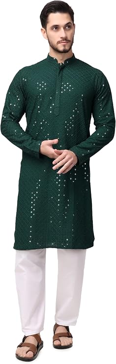 Royal Kurta Men's Silk Blend Sequence Mirror Work Kurta Churidaar Set