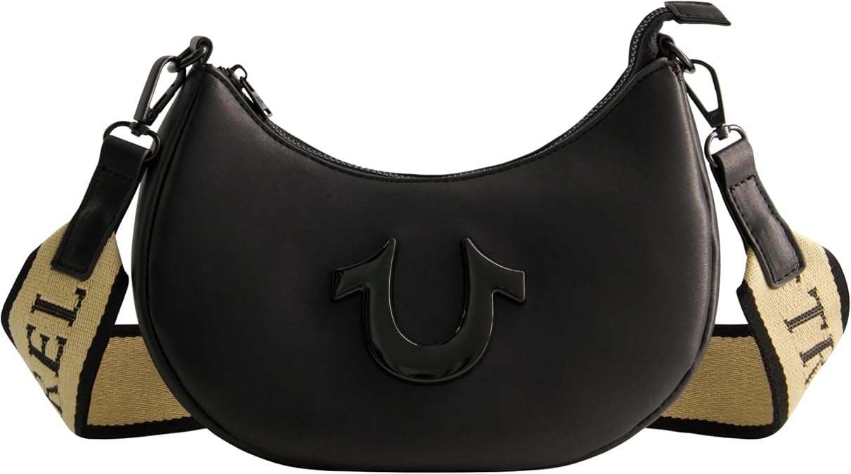True Religion Women's Shoulder Bag Purse, Crescent Hobo Handbag with Adjustable Removable Strap and Horseshoe Logo