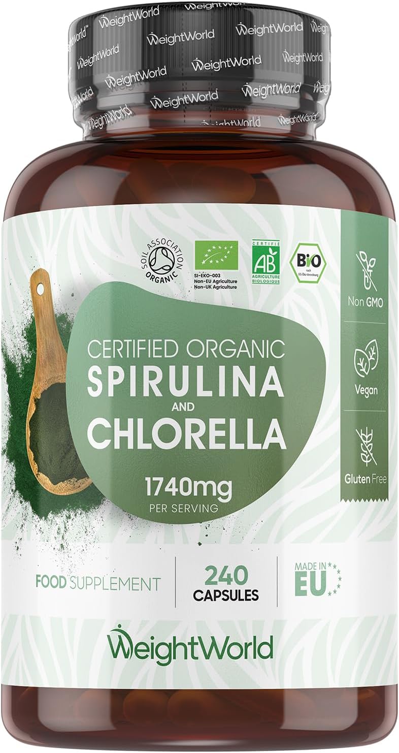 Organic Spirulina and Chlorella Capsules - 80 Days Supply - 240 Capsules - Soil Association Certified - Nutrient-Rich Algae Superfoods - Chlorella and Spirulina Herbal Supplements with No Additives