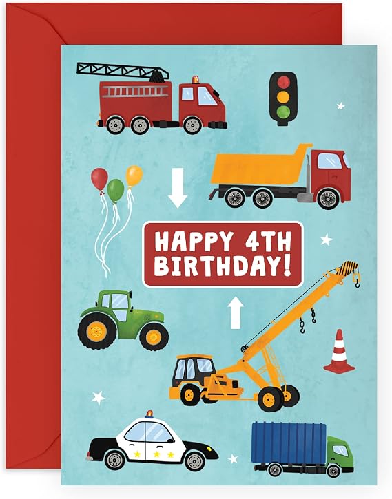 CENTRAL 23 Colorful Fourth Birthday Card for Boys - Happy 4th Birthday - Age 4 - Four Year Old - Truck, Tractor, and Car Greeting Card - Fun Vehicle Themed Card for Kids - Son, Grandson